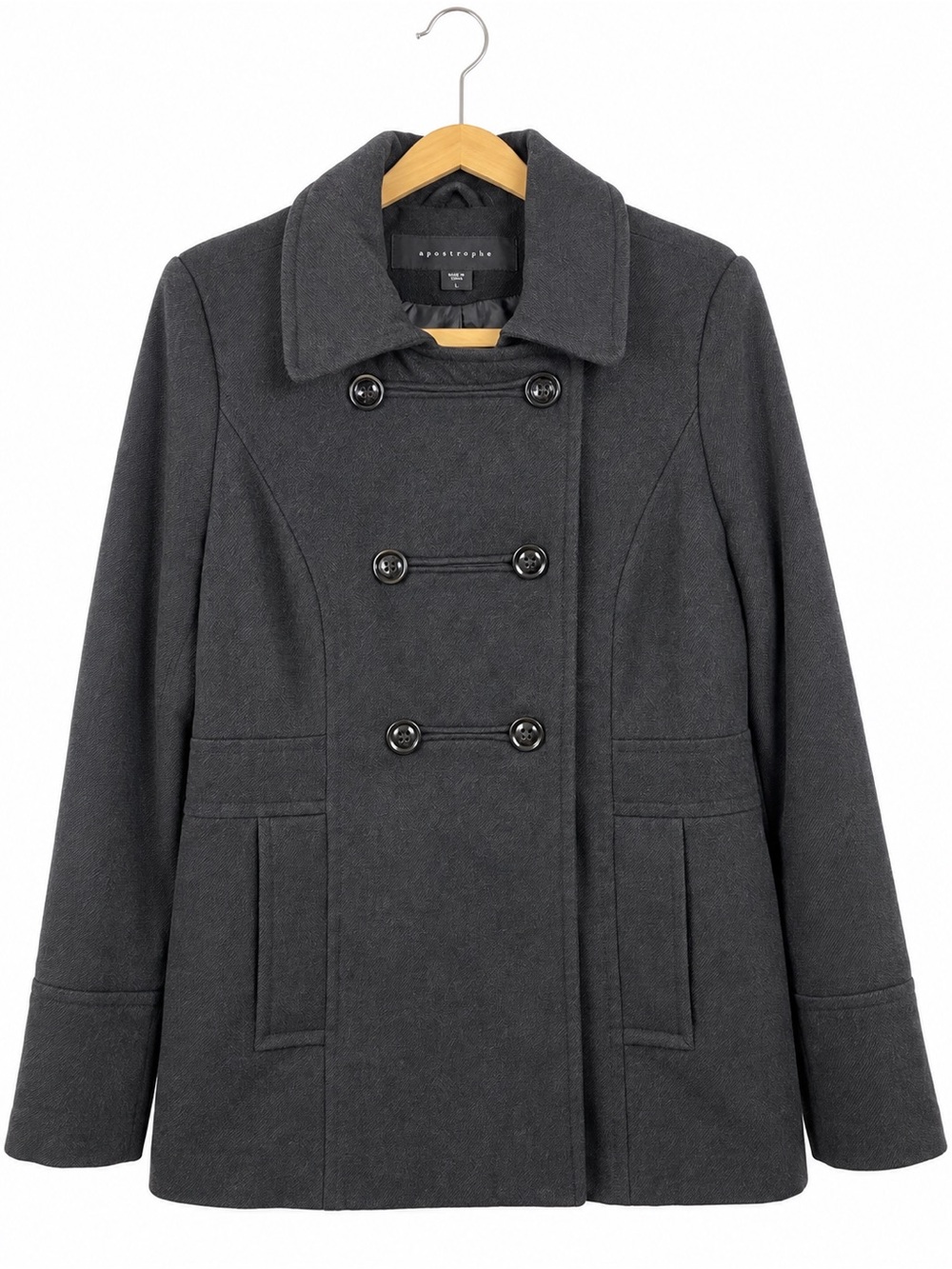 Apostrophe Black Double Breasted Peacoat Removable Hood Women's Size L EUC